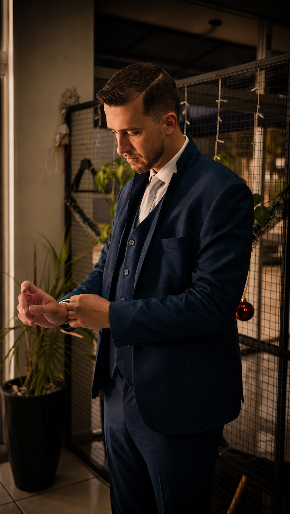Gabriel ajustando o paletó em ensaio editorial